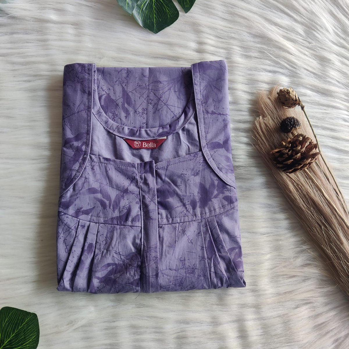 Pastel Purple Printed Pure Cotton Pleated Zip Nighty | Free Size | Chest Width 44″| Length 54″-55″