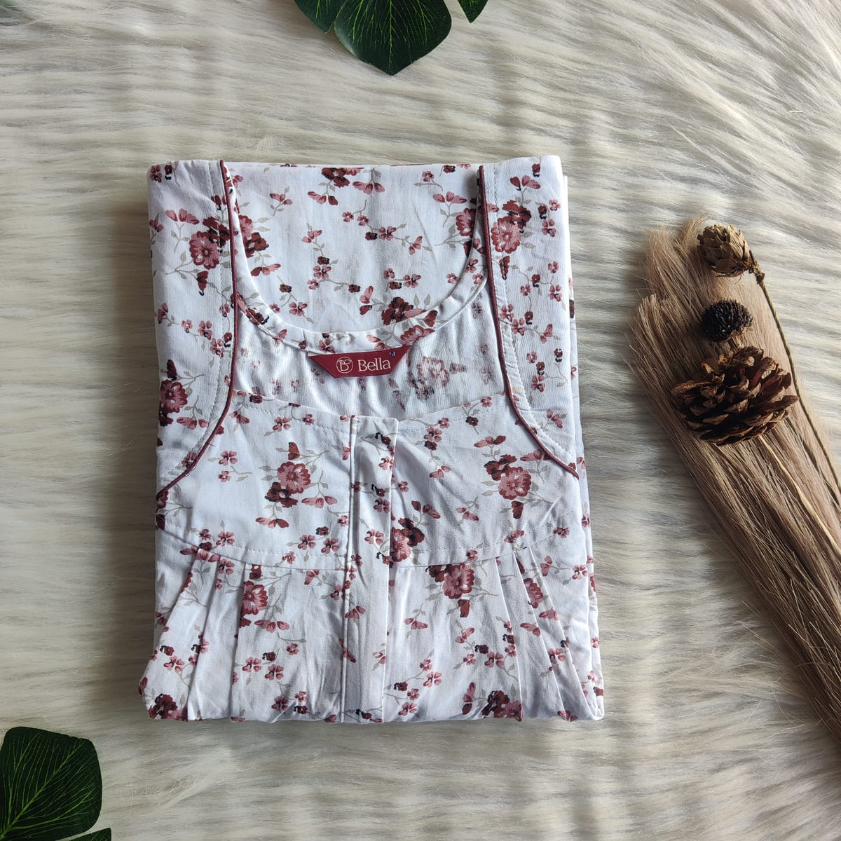 Brown Floral Printed White Pure Cotton Pleated Zip Nighty | Free Size | Chest Width 44″| Length 54″-55″