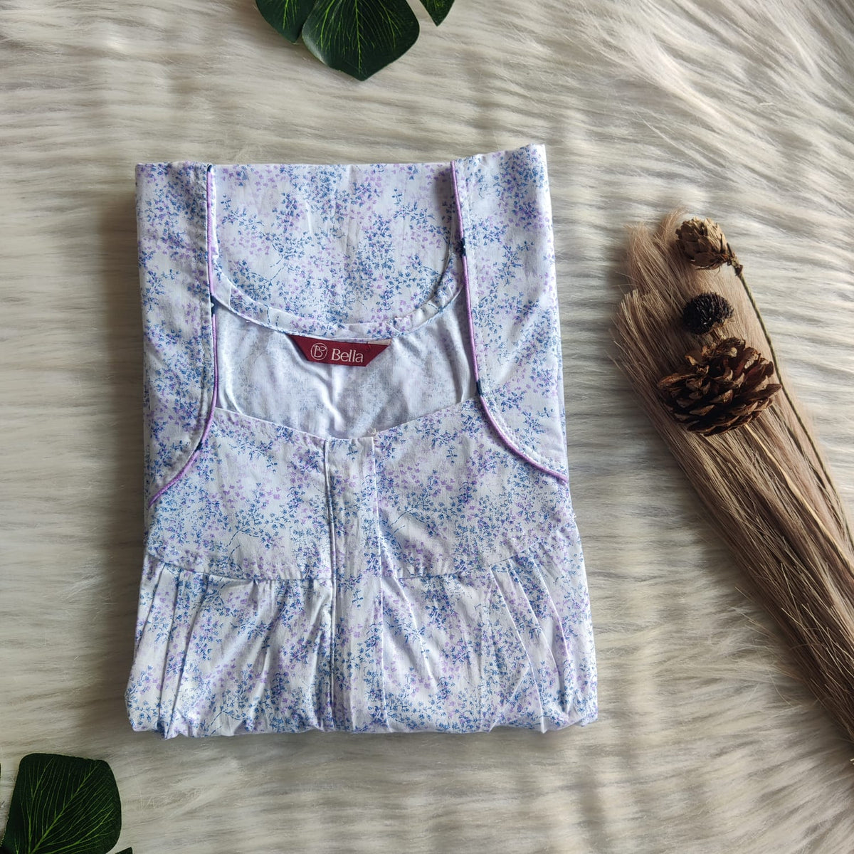 Blue And Purple Printed White Pure Cotton Pleated Zip Nighty | Free Size | Chest Width 44″| Length 54″-55″