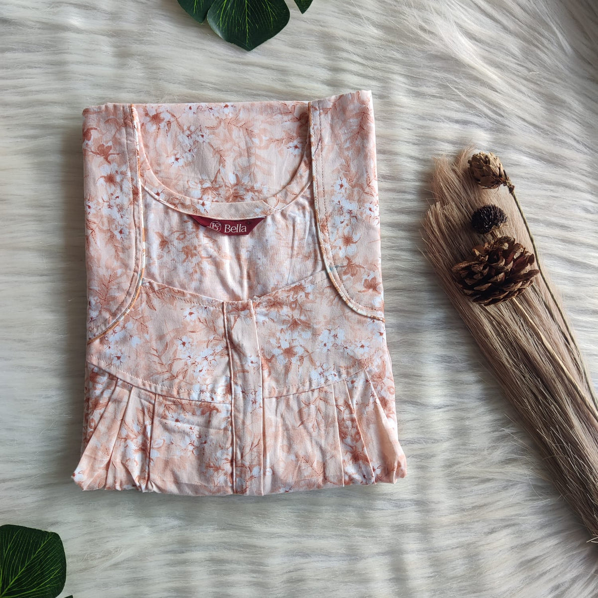 Pastel Orange Printed Pure Cotton Pleated Zip Nighty | Free Size | Chest Width 44″| Length 54″-55″