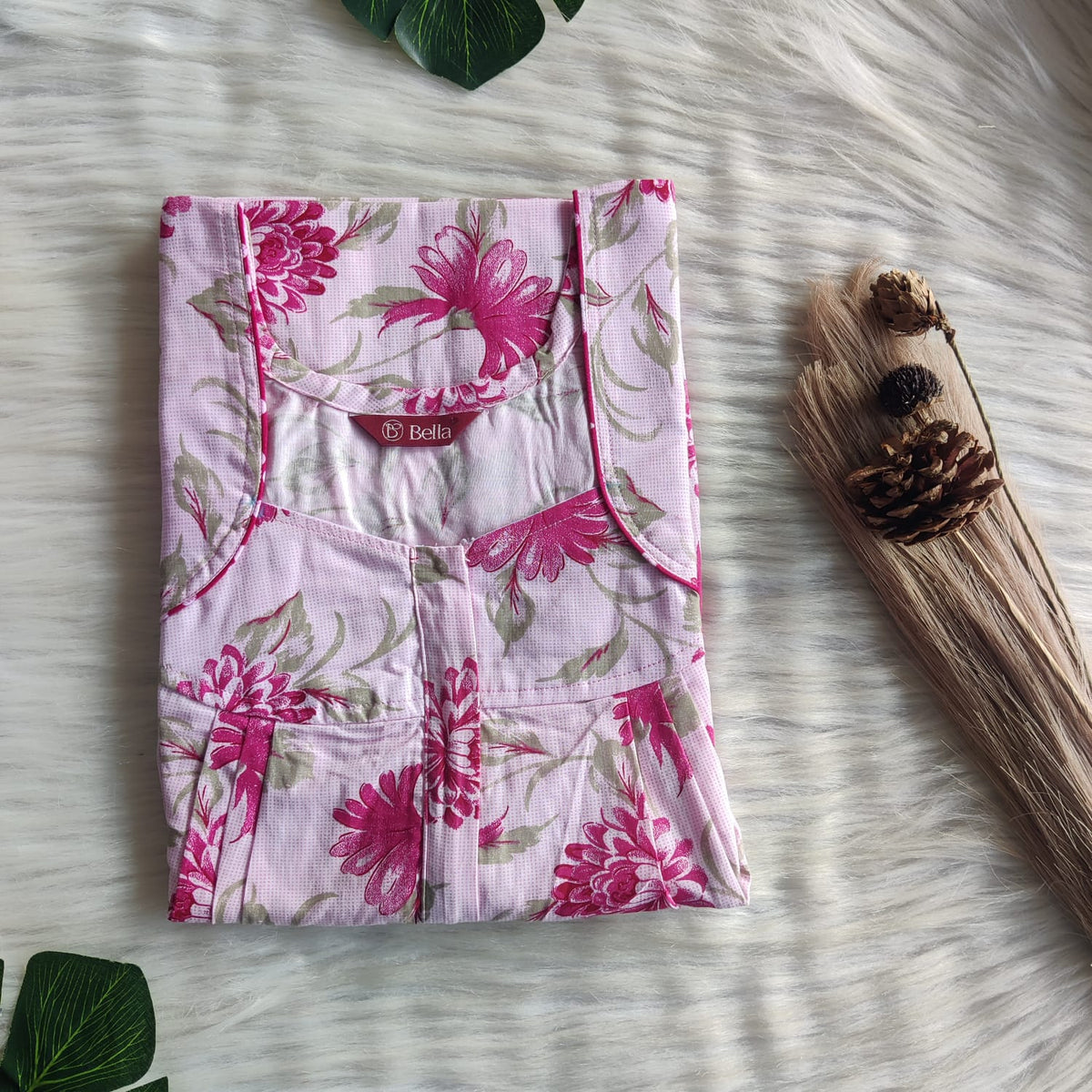 Mauve Floral Printed Pink Pure Cotton Pleated Zip Nighty | Free Size | Chest Width 44″| Length 54″-55″