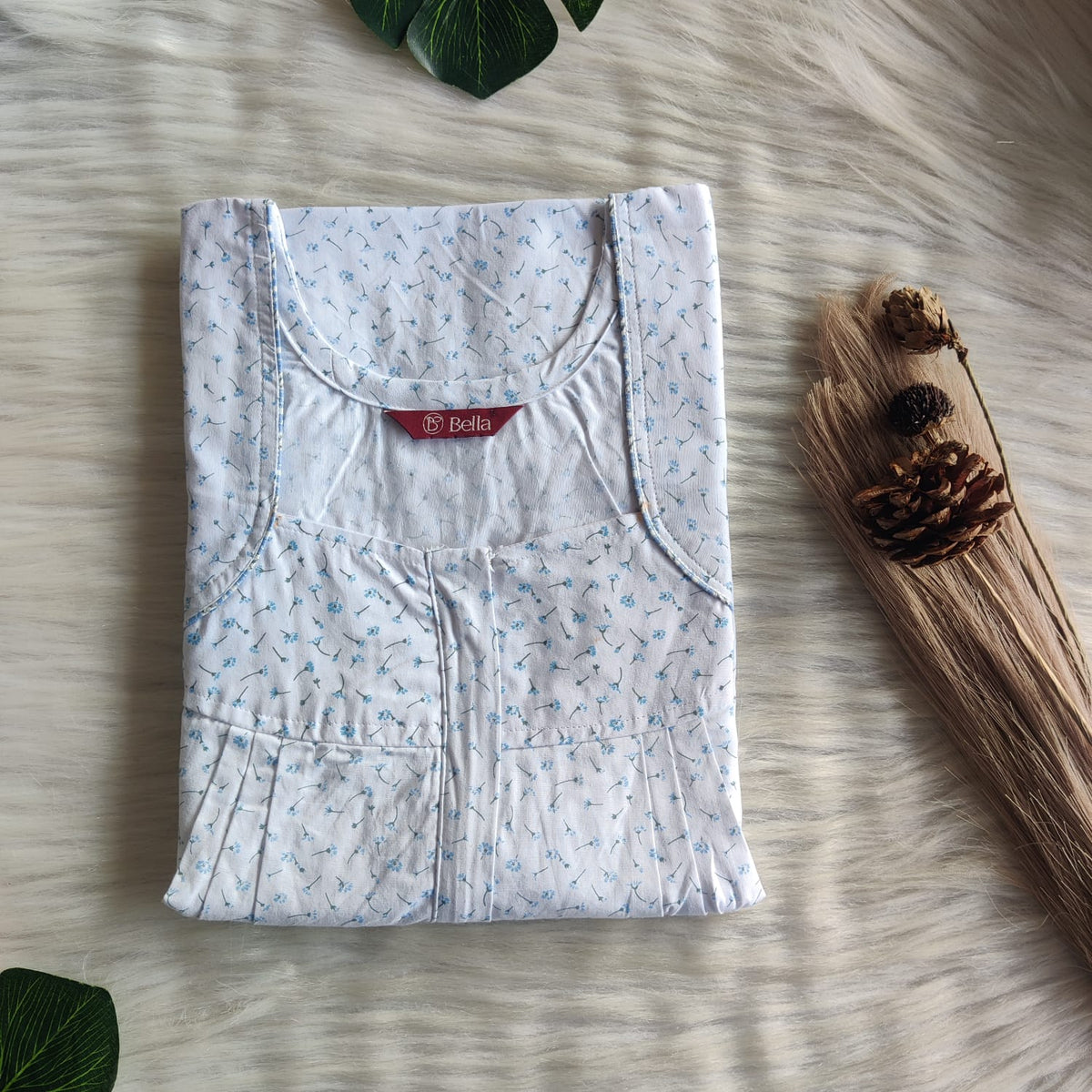 Blue Floral Printed White Pure Cotton Pleated Zip Nighty | Free Size | Chest Width 44″| Length 54″-55″