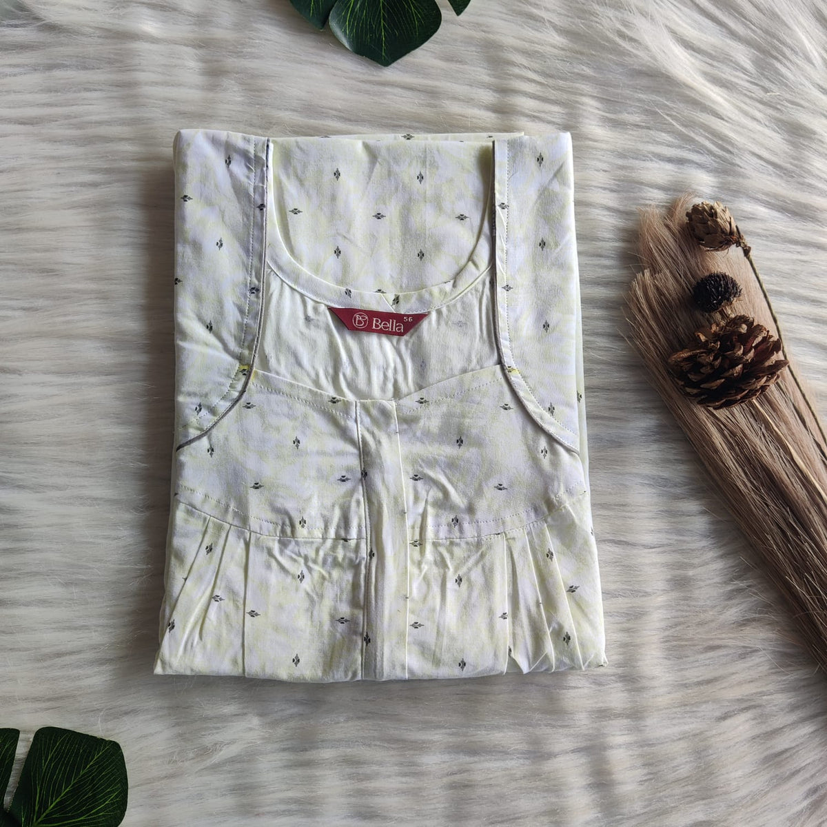 Pale Green Printed Pure Cotton Pleated Zip Nighty | Free Size | Chest Width 44″| Length 54″-55″