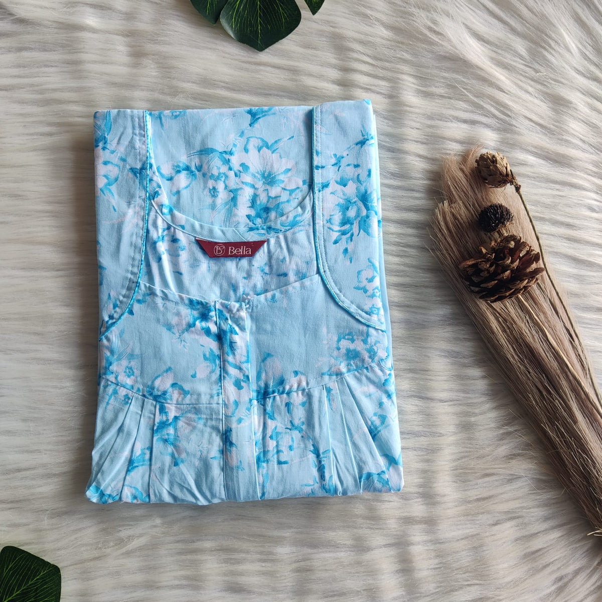 Aqua Blue Floral Printed Pure Cotton Pleated Zip Nighty | Free Size | Chest Width 44″| Length 54″-55″