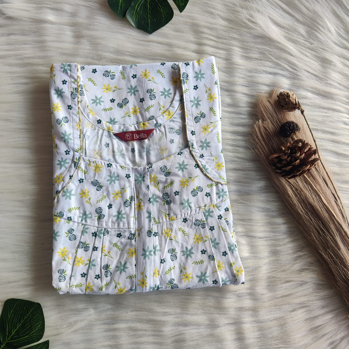 Yellow Floral Printed White Pure Cotton Plus Size Pleated Zip Nighty | Chest Width 50″| Length 54″-55″