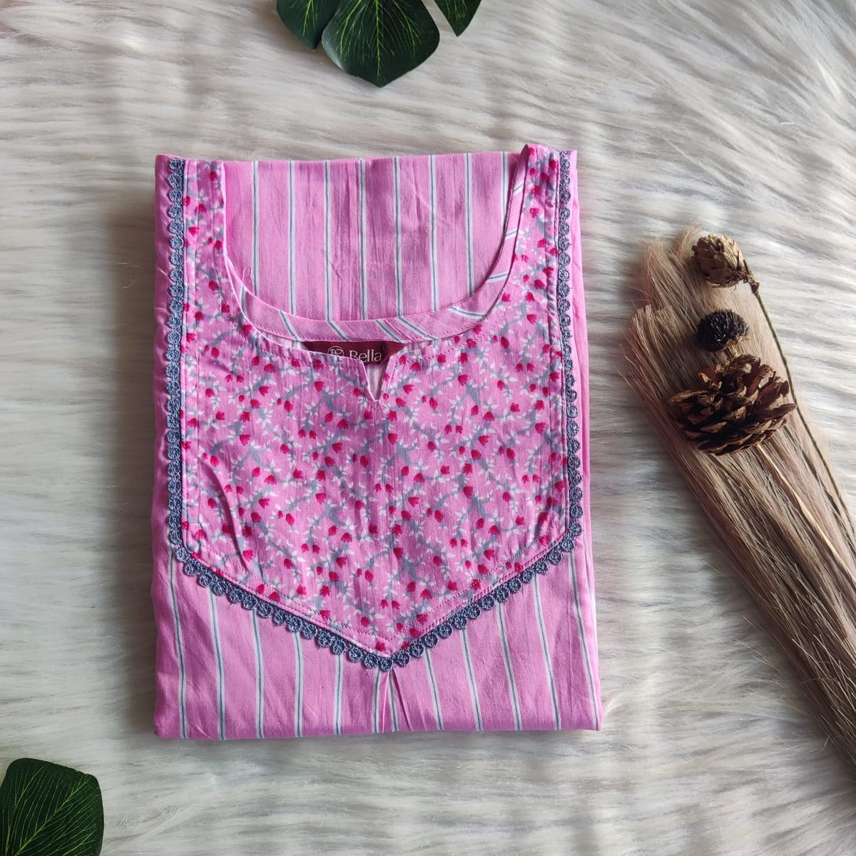 Grey And Pink Stripes Printed Premium Cotton Mix N Match Lace Pocket Nighty | Free Size | Chest Width 44″| Length 56″
