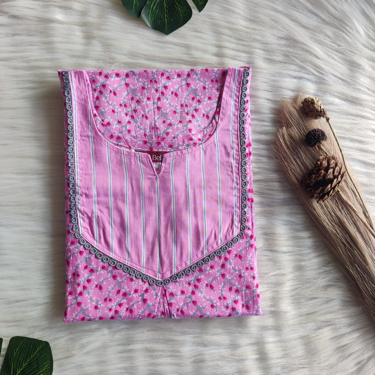 Pink And Grey Printed Premium Cotton Mix N Match Lace Pocket Nighty | Free Size | Chest Width 44″| Length 56″