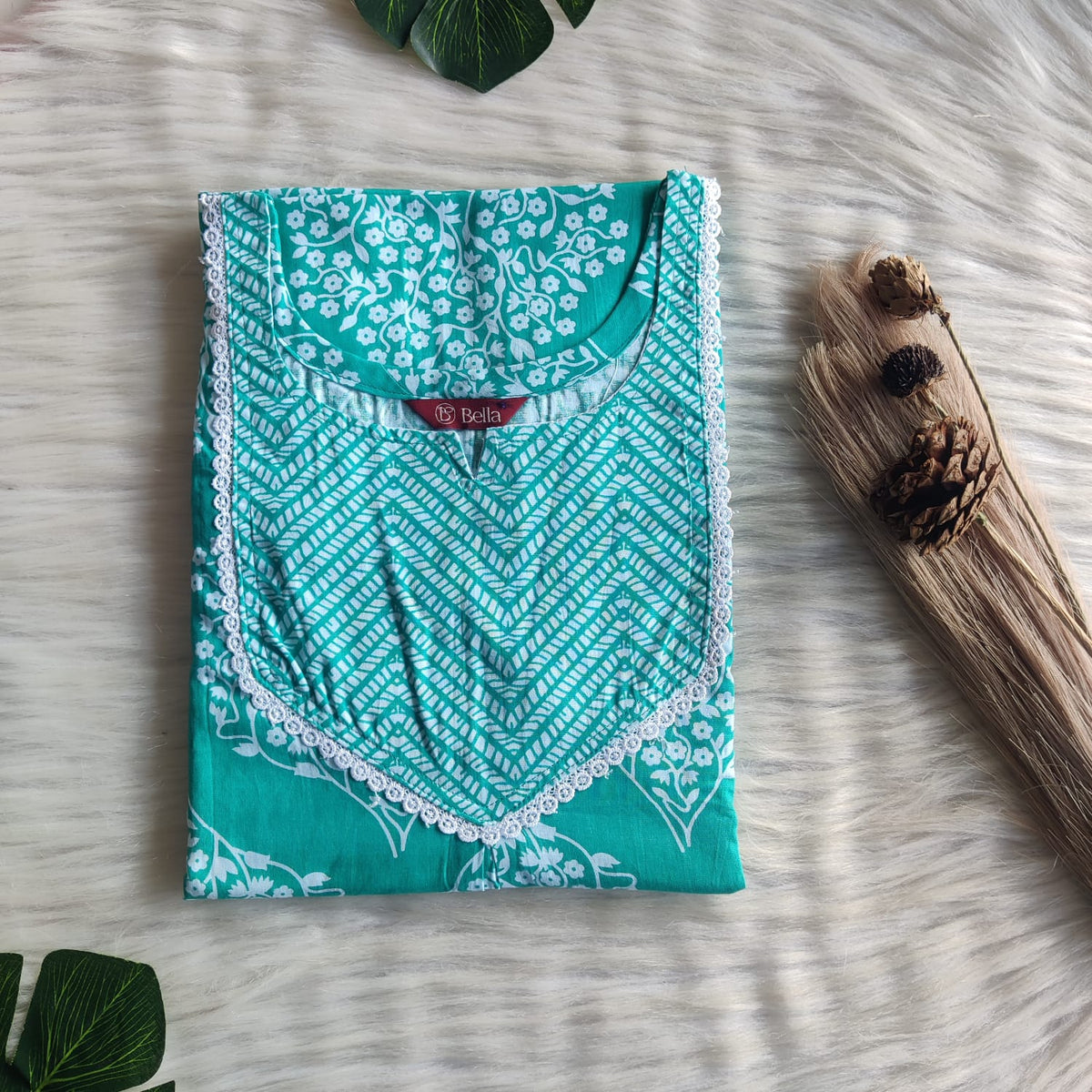White And Aqua Green Floral Printed Premium Cotton Mix N Match Lace Pocket Nighty | Free Size | Chest Width 44″| Length 56″
