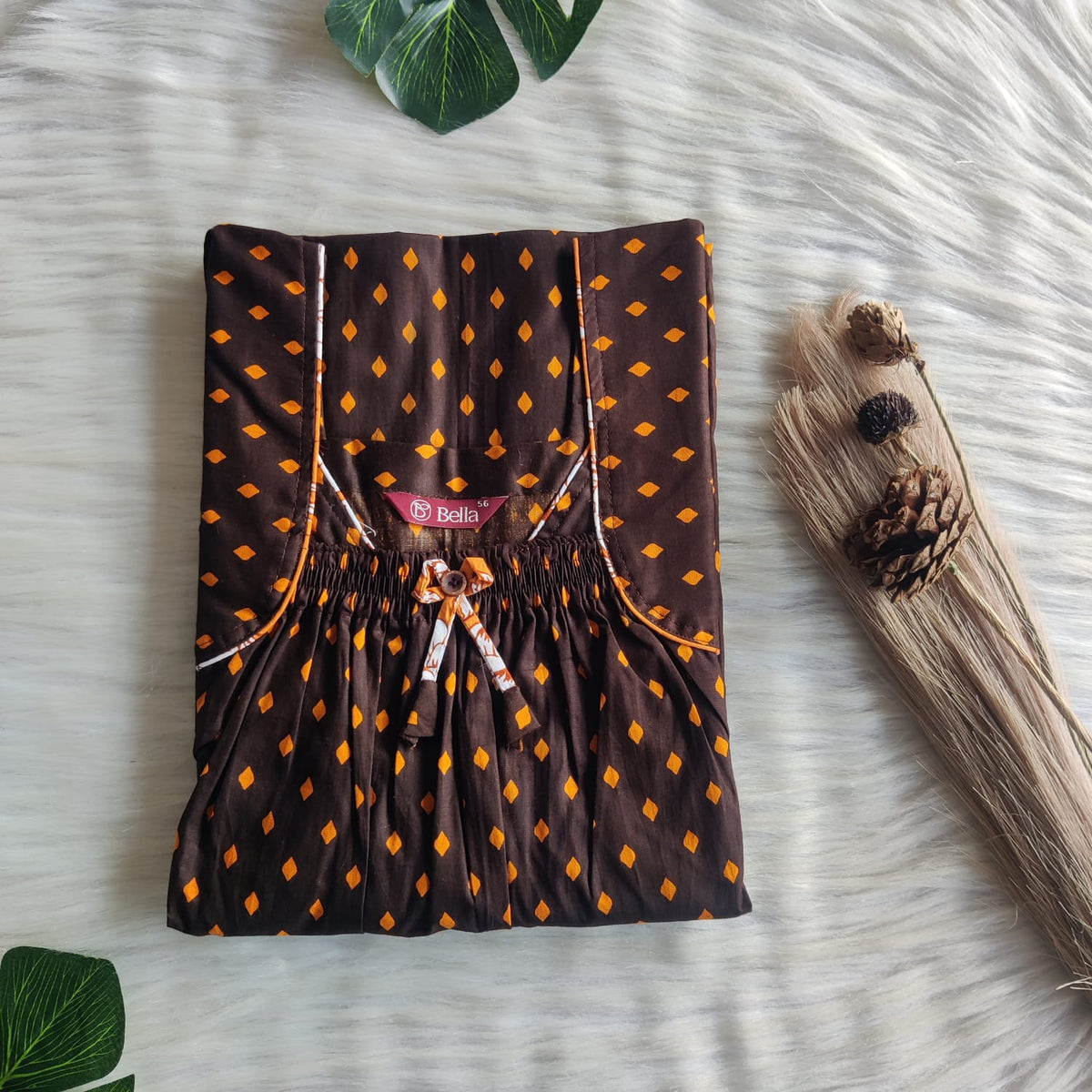 Coffee Brown Dot Printed Premium Cotton Front Elastic Pleated Nighty | Free Size | Chest Width 44″| Length 56″