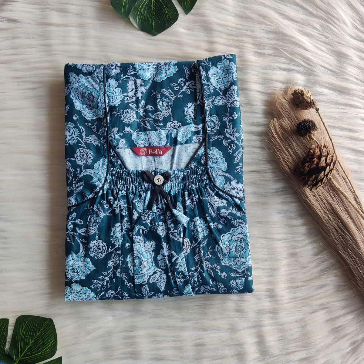 Blue Floral Printed Premium Cotton Front Elastic Pleated Nighty | Free Size | Chest Width 44″| Length 56″