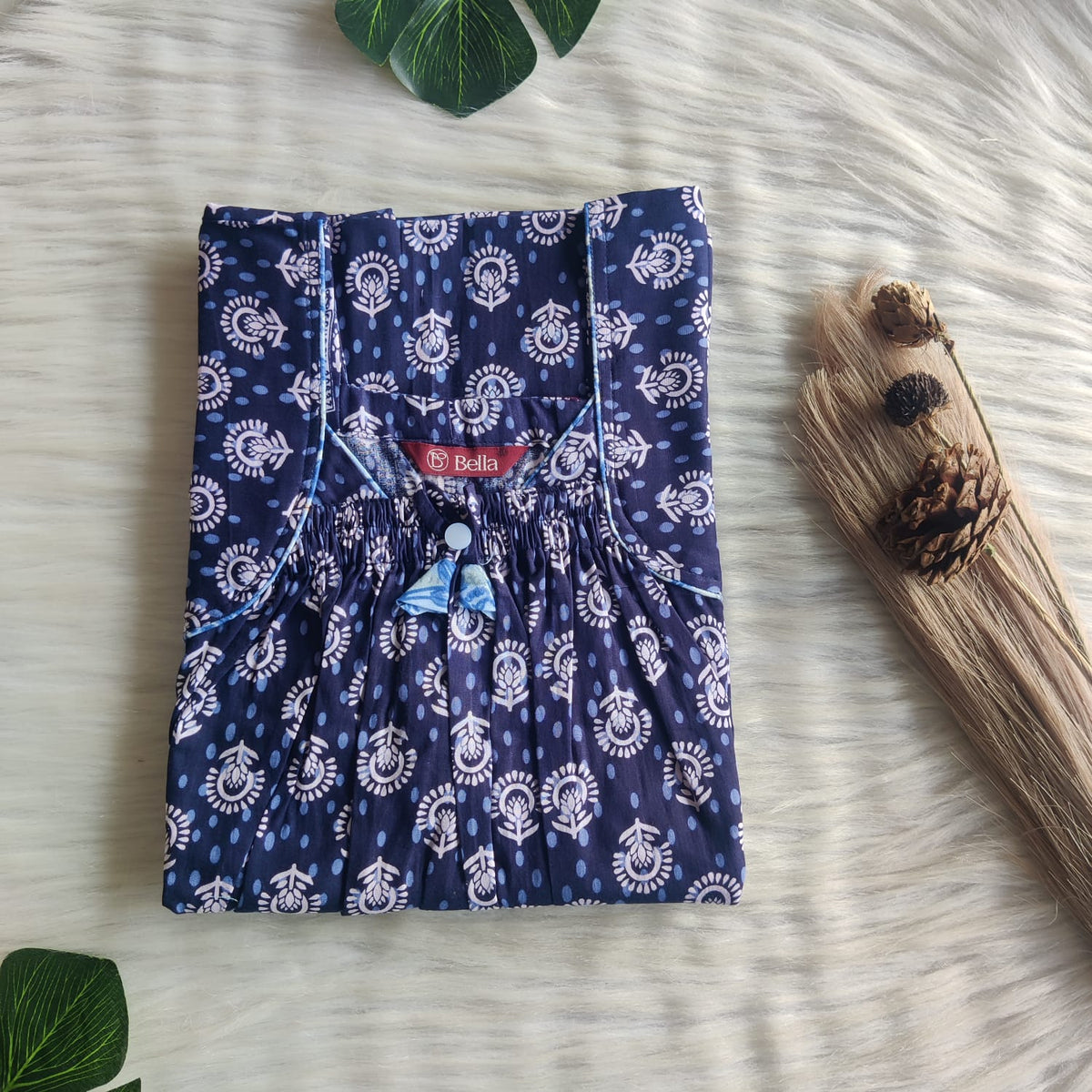 Navy Blue Floral Printed Premium Cotton Front Elastic Pleated Nighty | Free Size | Chest Width 44″| Length 56″