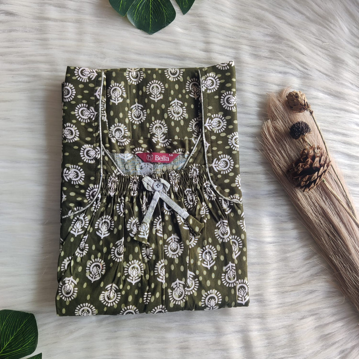 Green Floral Printed Premium Cotton Front Elastic Pleated Nighty | Free Size | Chest Width 44″| Length 56″