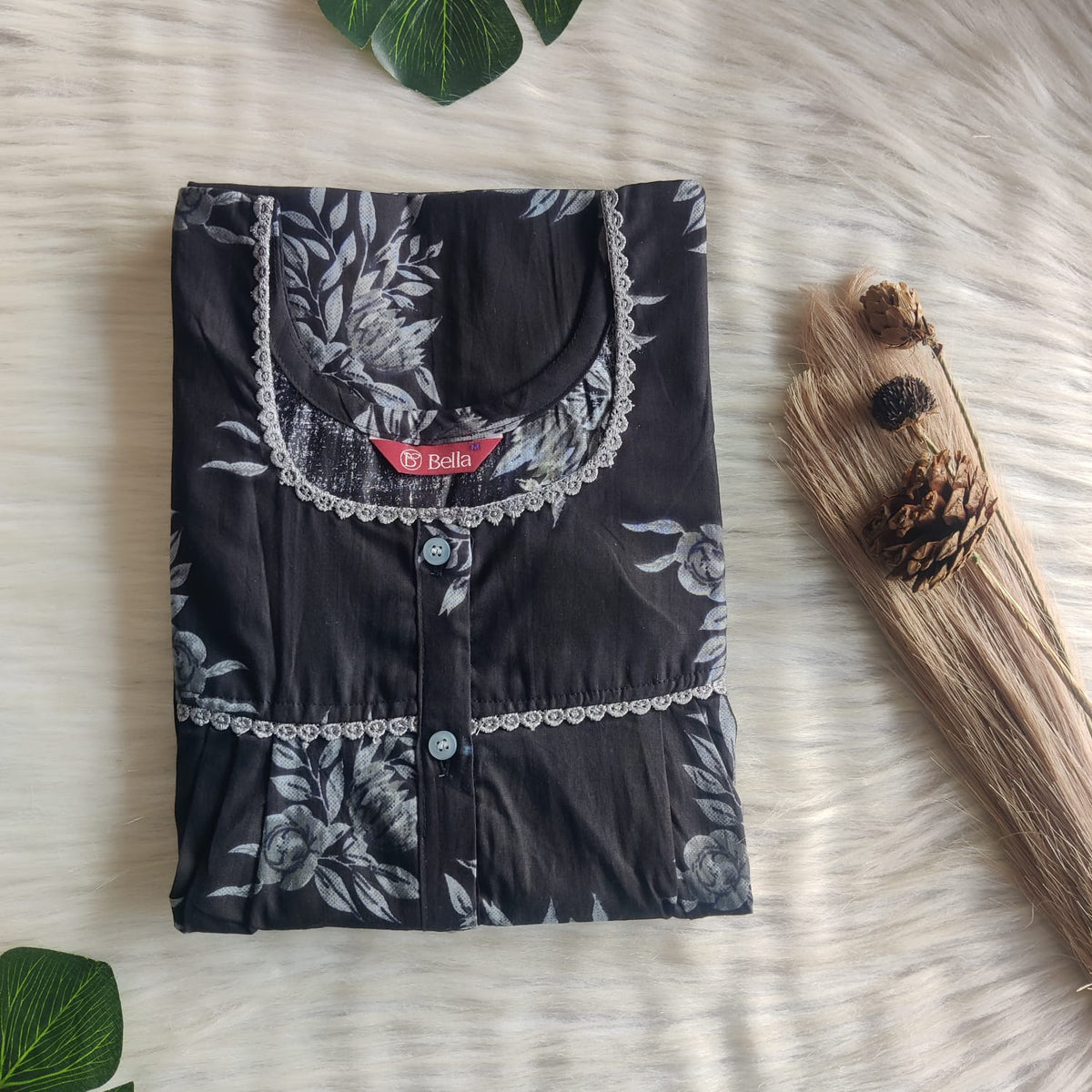 Black Floral Printed Premium Cotton Lace Button Nighty | Free Size | Chest Width 44"| Length 54"-56"