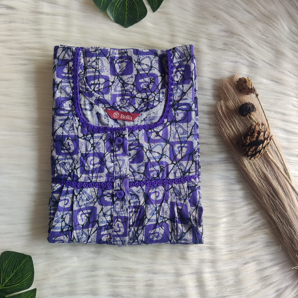 Purple Check Printed Premium Cotton Lace Button Nighty | Free Size | Chest Width 44"| Length 54"-56"