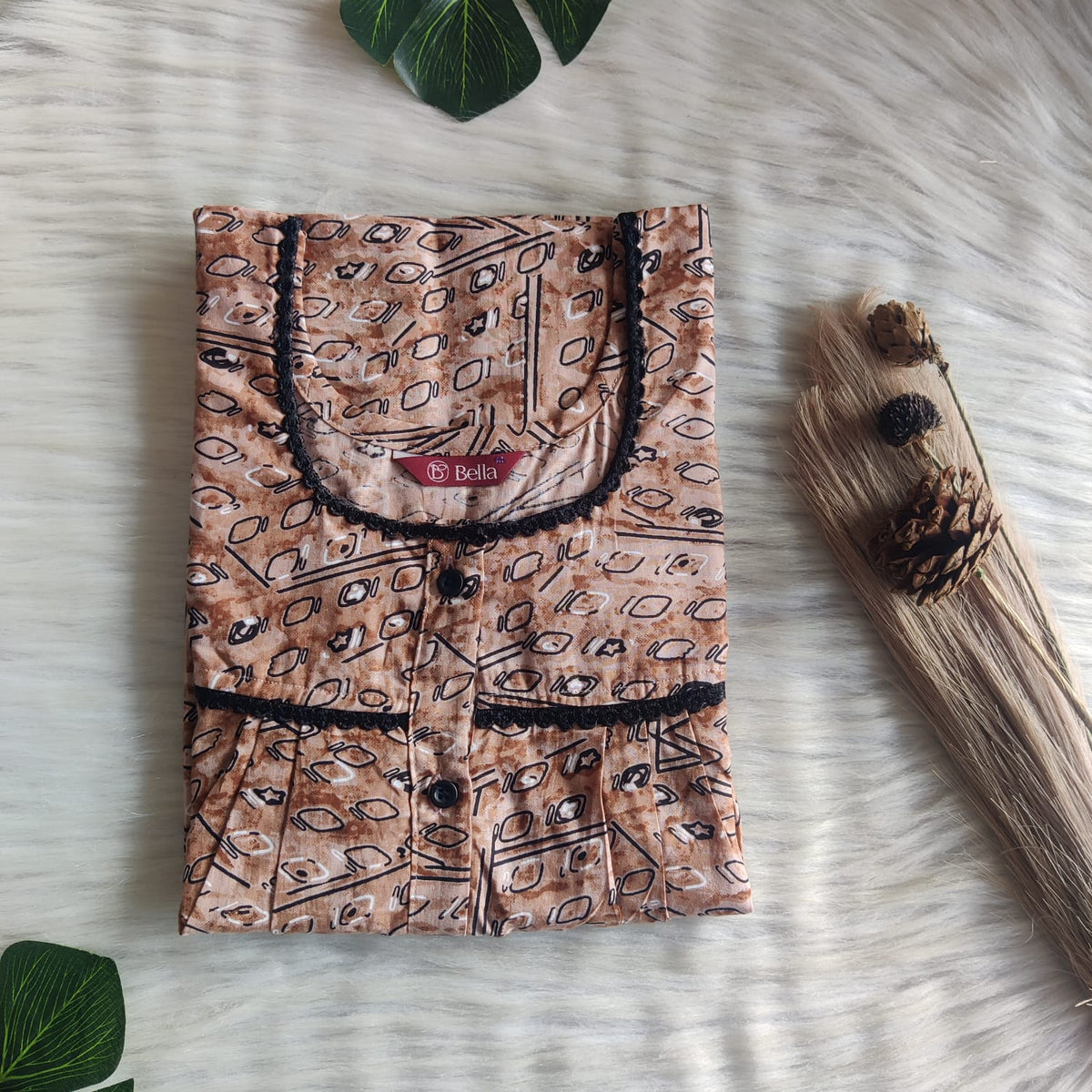 Brown Printed Premium Cotton Lace Button Nighty | Free Size | Chest Width 44"| Length 54"-56"