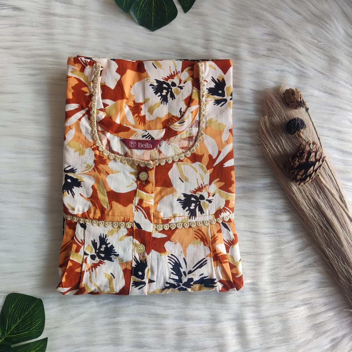 White Floral Printed Brown Premium Cotton Lace Button Nighty | Free Size | Chest Width 44"| Length 54"-56"