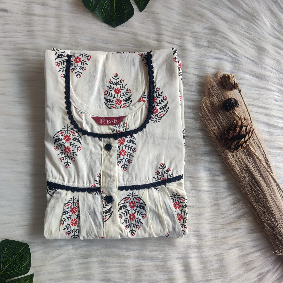 Ivory Printed Premium Cotton Lace Button Nighty | Free Size | Chest Width 44"| Length 54"-56"