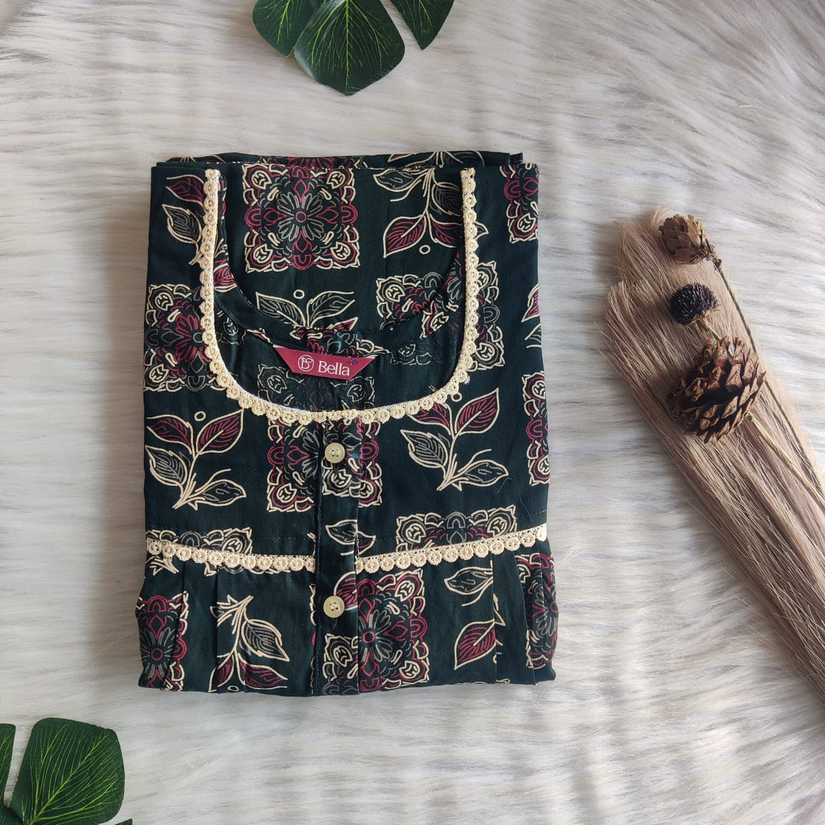 Cream Printed Green Discharge Cotton Lace Button Nighty | Free Size | Chest Width 44"| Length 54"-56"
