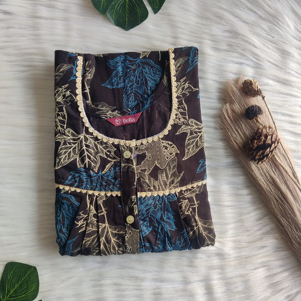 Cream Printed Coffee Brown Discharge Cotton Lace Button Nighty | Free Size | Chest Width 44"| Length 54"-56"