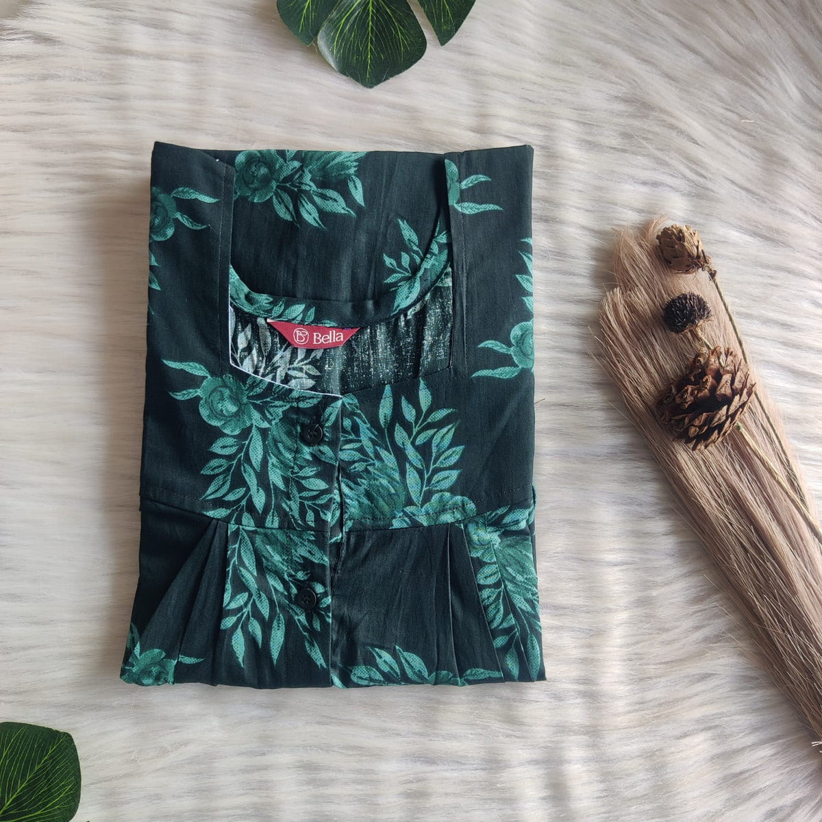 Green Floral Premium Cotton Full Open Labour Room Nighty | Free Size | Chest Width 44"| Length 54"-56"