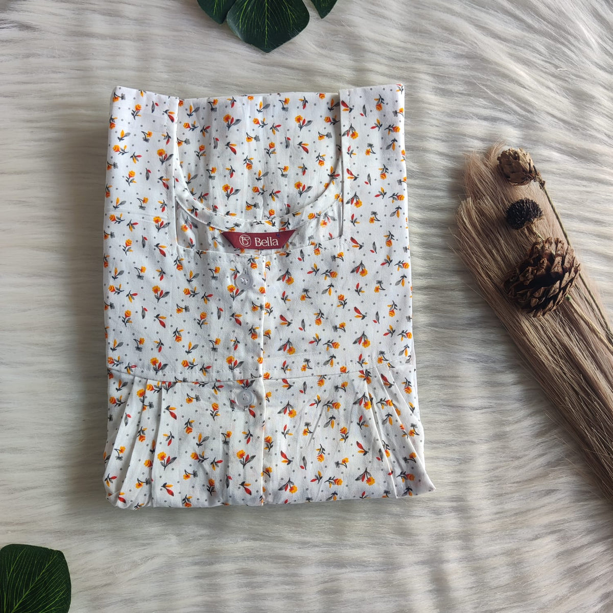 Orange Floral Printed White Premium Cotton Full Open Labour Room Nighty | Free Size | Chest Width 44"| Length 54"-56"