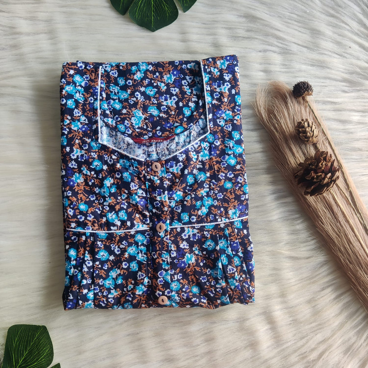 Blue Floral Printed Premium Cotton Button Zip Nighty | Free Size | Chest Width 44″| Length 55″-56″