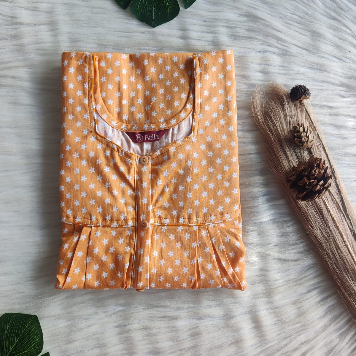 Pastel Orange Floral Printed Premium Cotton Button Zip Nighty | Free Size | Chest Width 44″| Length 55″-56″