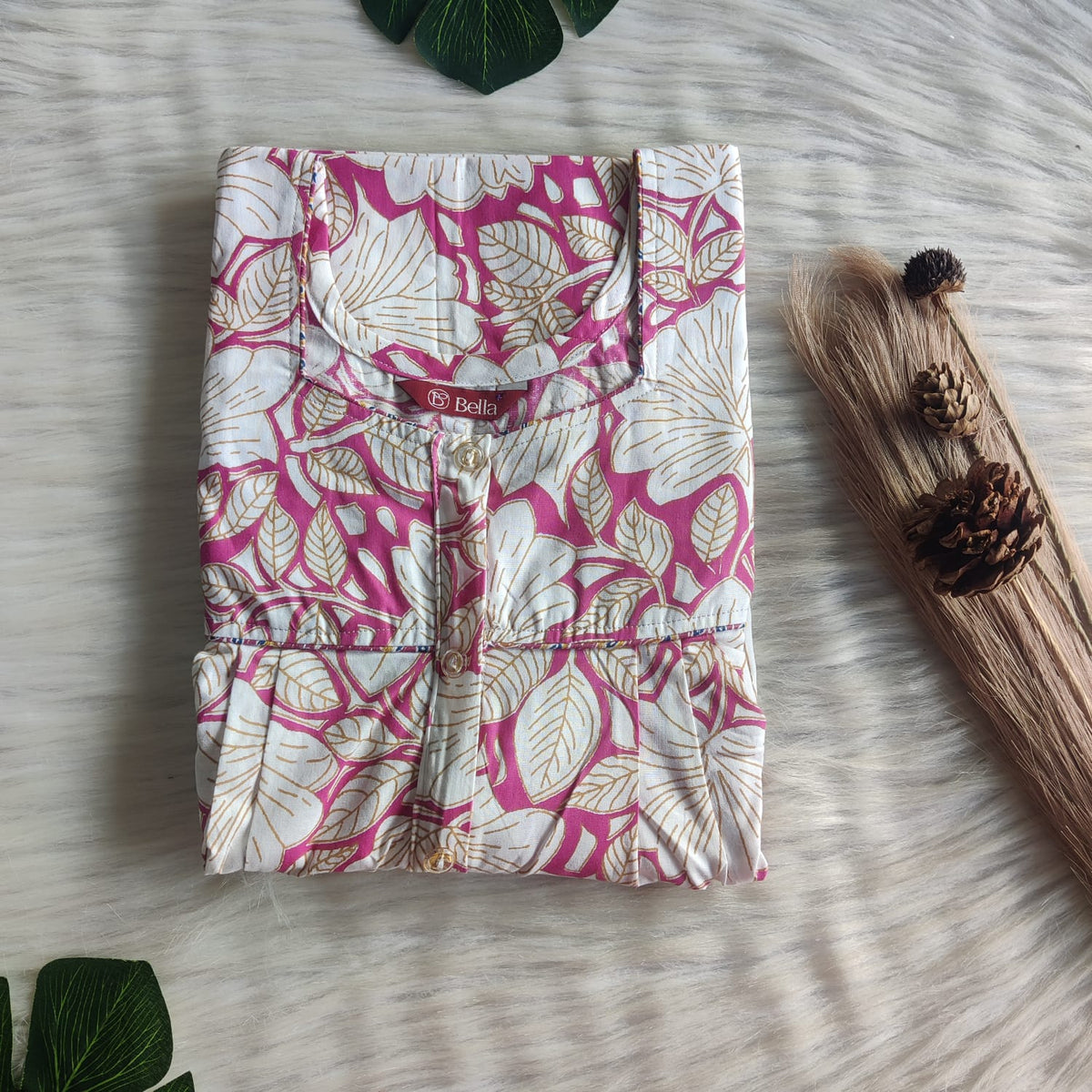 White Floral Printed Pink Printed Premium Cotton Button Zip Nighty | Free Size | Chest Width 44″| Length 55″-56″