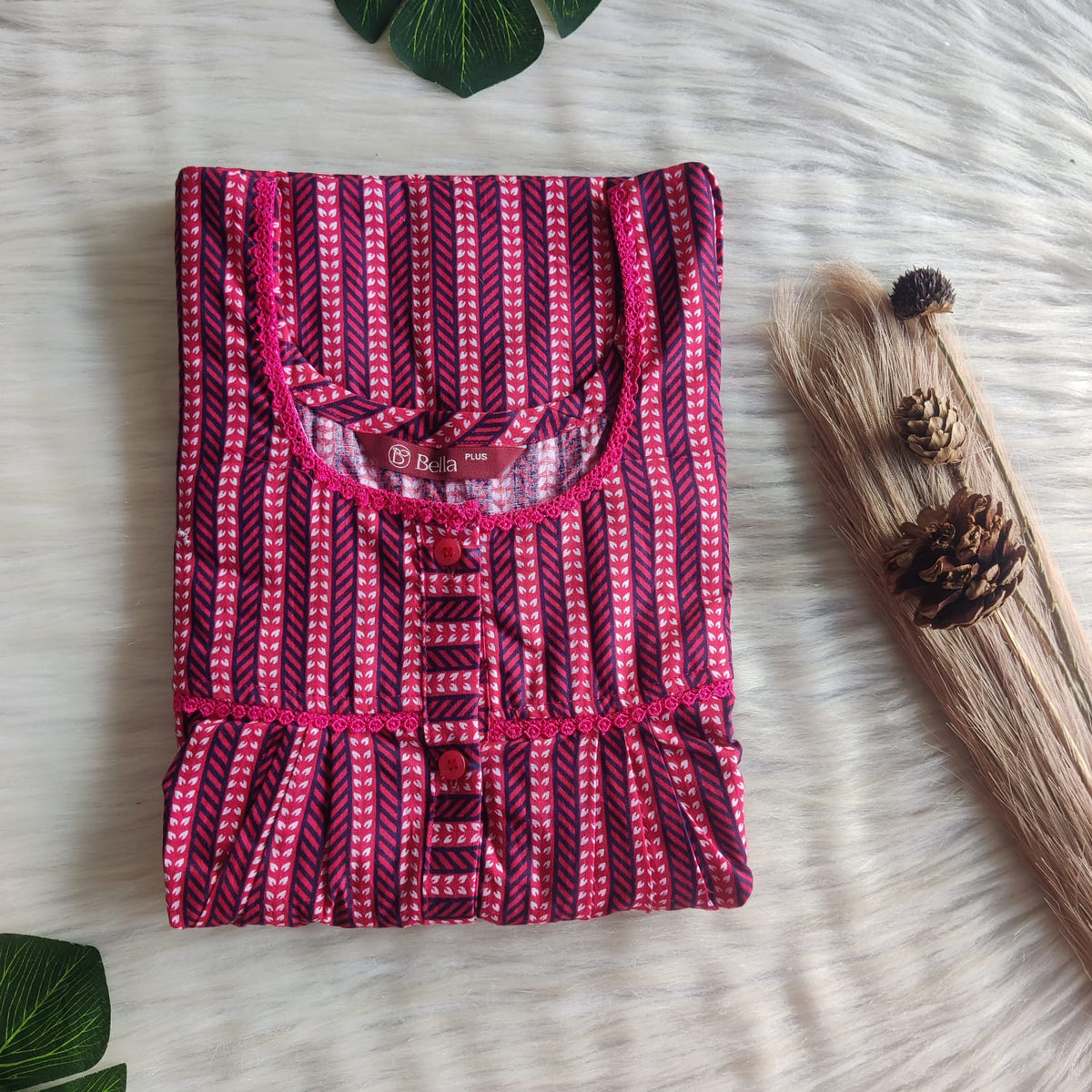 Pink Printed Premium Cotton Plus Size Lace Button Nighty | Chest Width 50"| Length 54"-56"