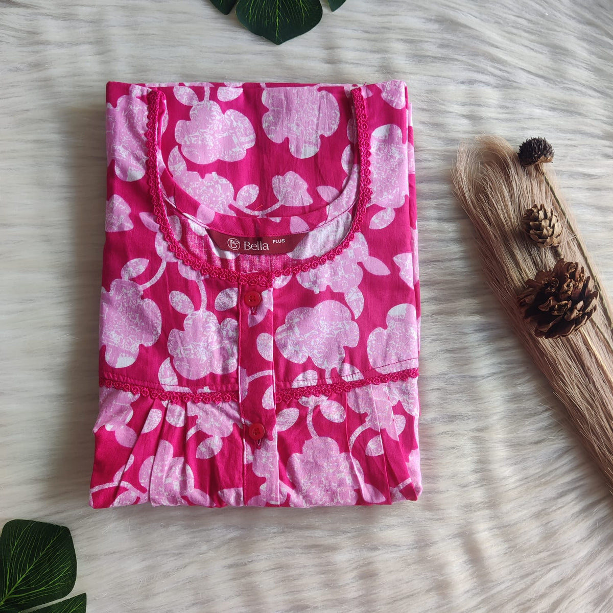 Pink Floral Printed Premium Cotton Plus Size Lace Button Nighty | Chest Width 50"| Length 54"-56"