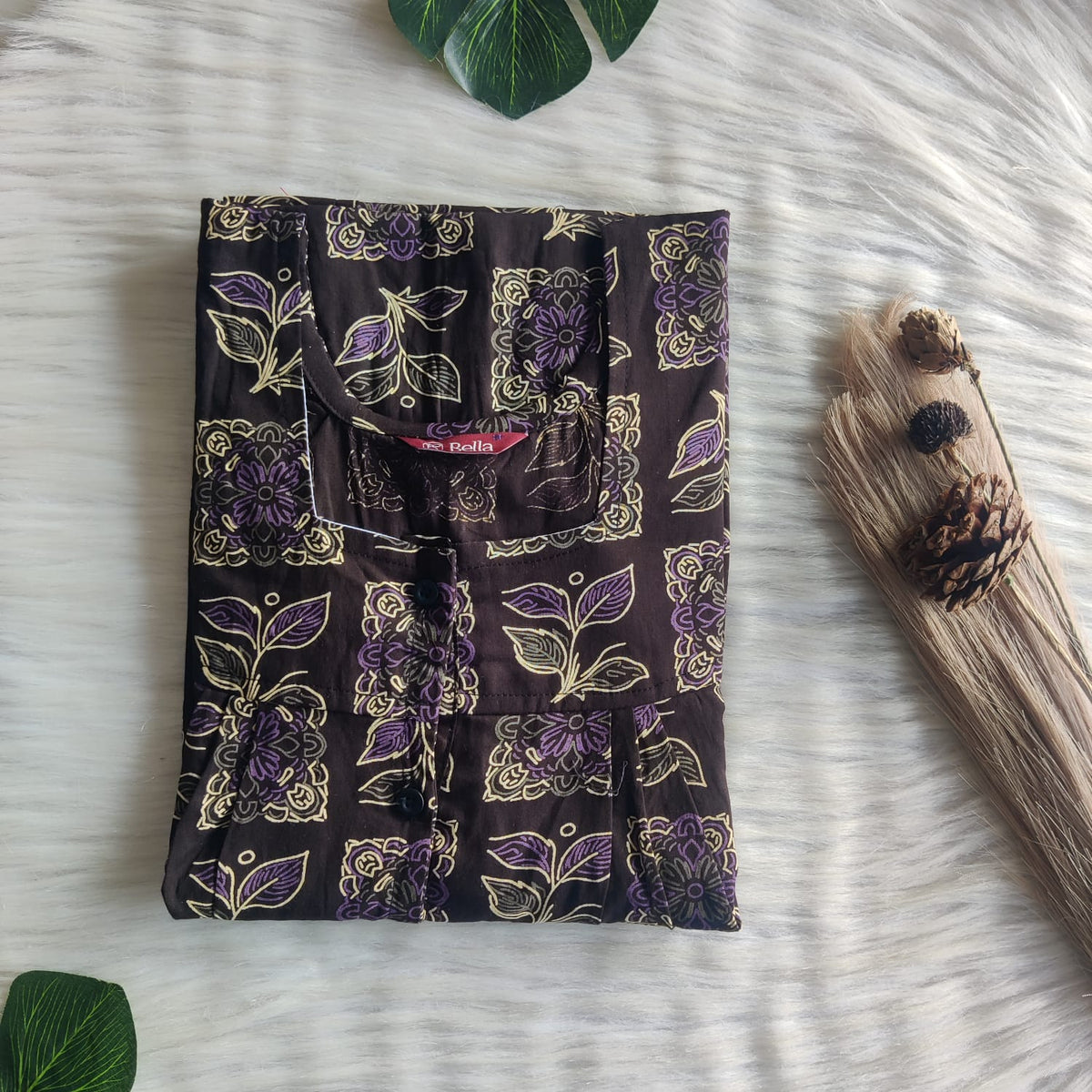Cream Printed Brown Discharge Cotton Full Open Labour Room Nighty | Free Size | Chest Width 44"| Length 54"-56"