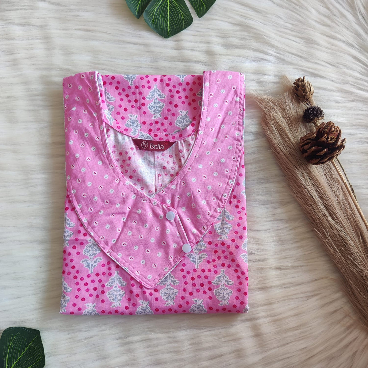 Pink And Grey Printed Premium Cotton Side Button Nighty | Free Size | Chest Width 44″| Length 55″-56″