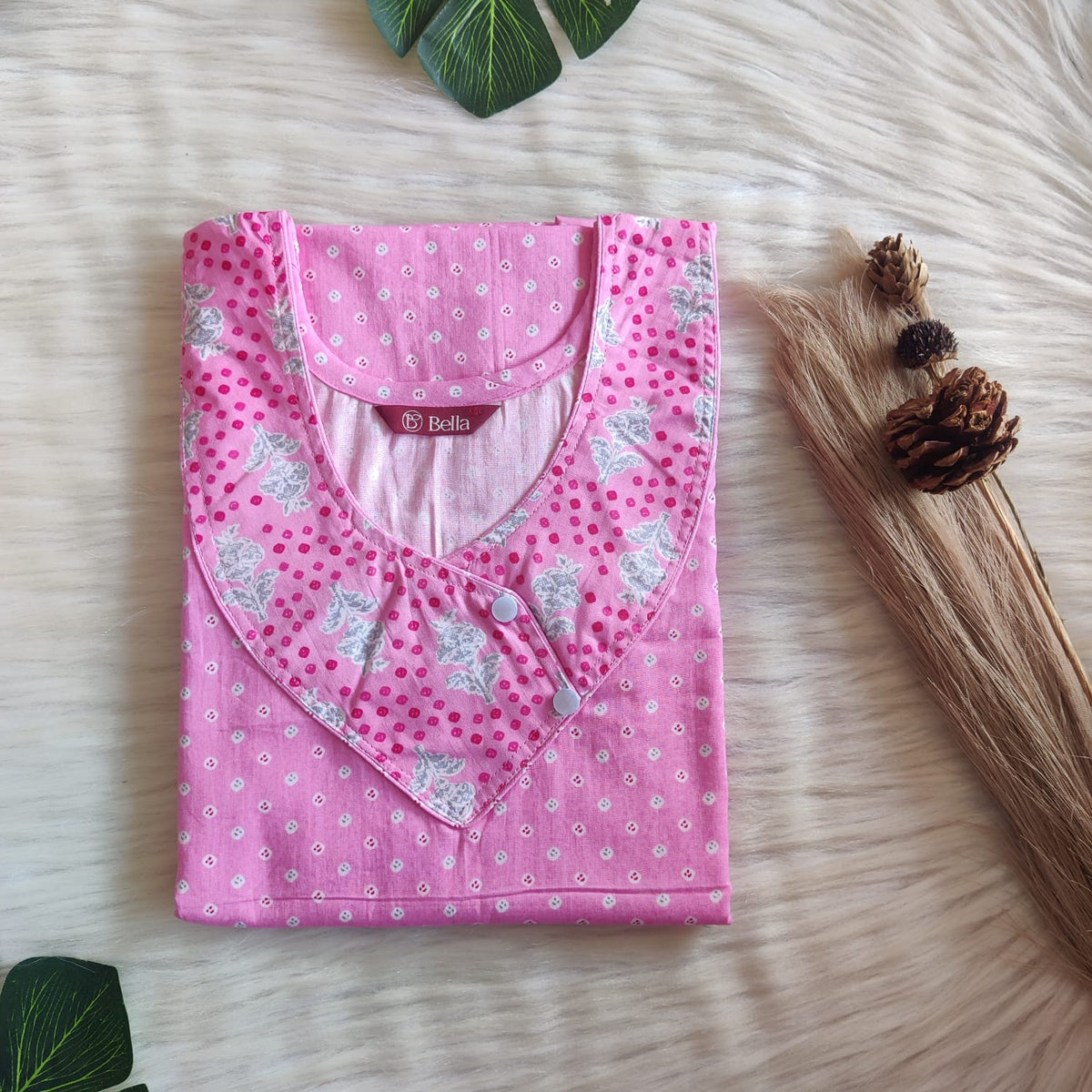 Grey And Pink Printed Premium Cotton Side Button Nighty | Free Size | Chest Width 44″| Length 55″-56″