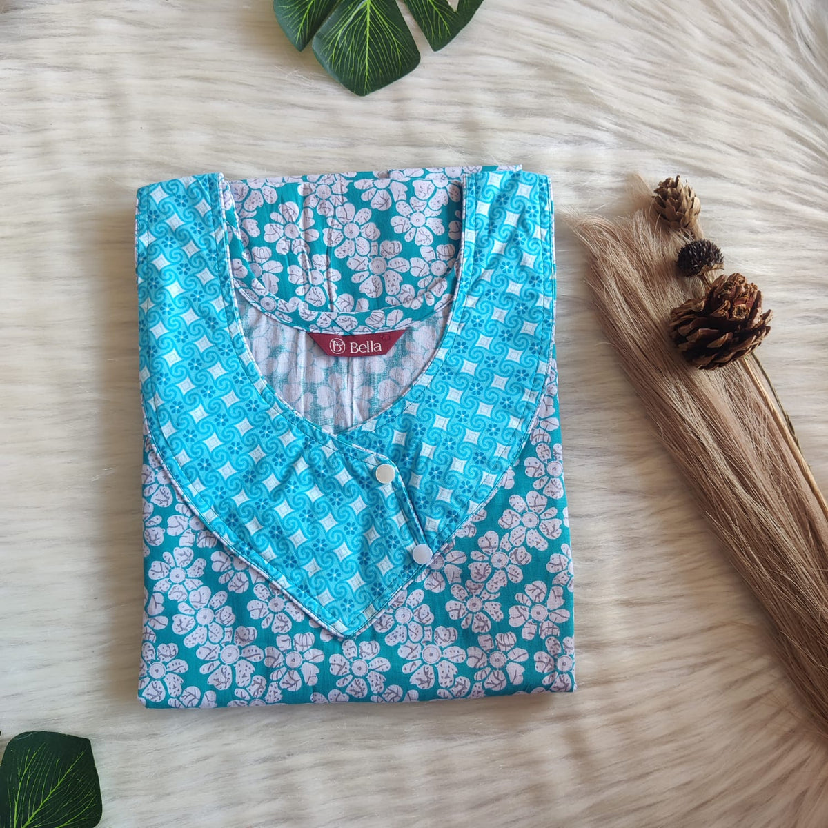 Blue And White Floral Printed Premium Cotton Side Button Nighty | Free Size | Chest Width 44″| Length 55″-56″