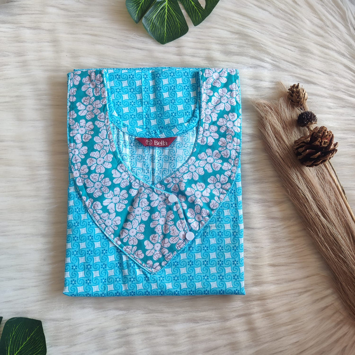 White And Blue Printed Premium Cotton Side Button Nighty | Free Size | Chest Width 44″| Length 55″-56″
