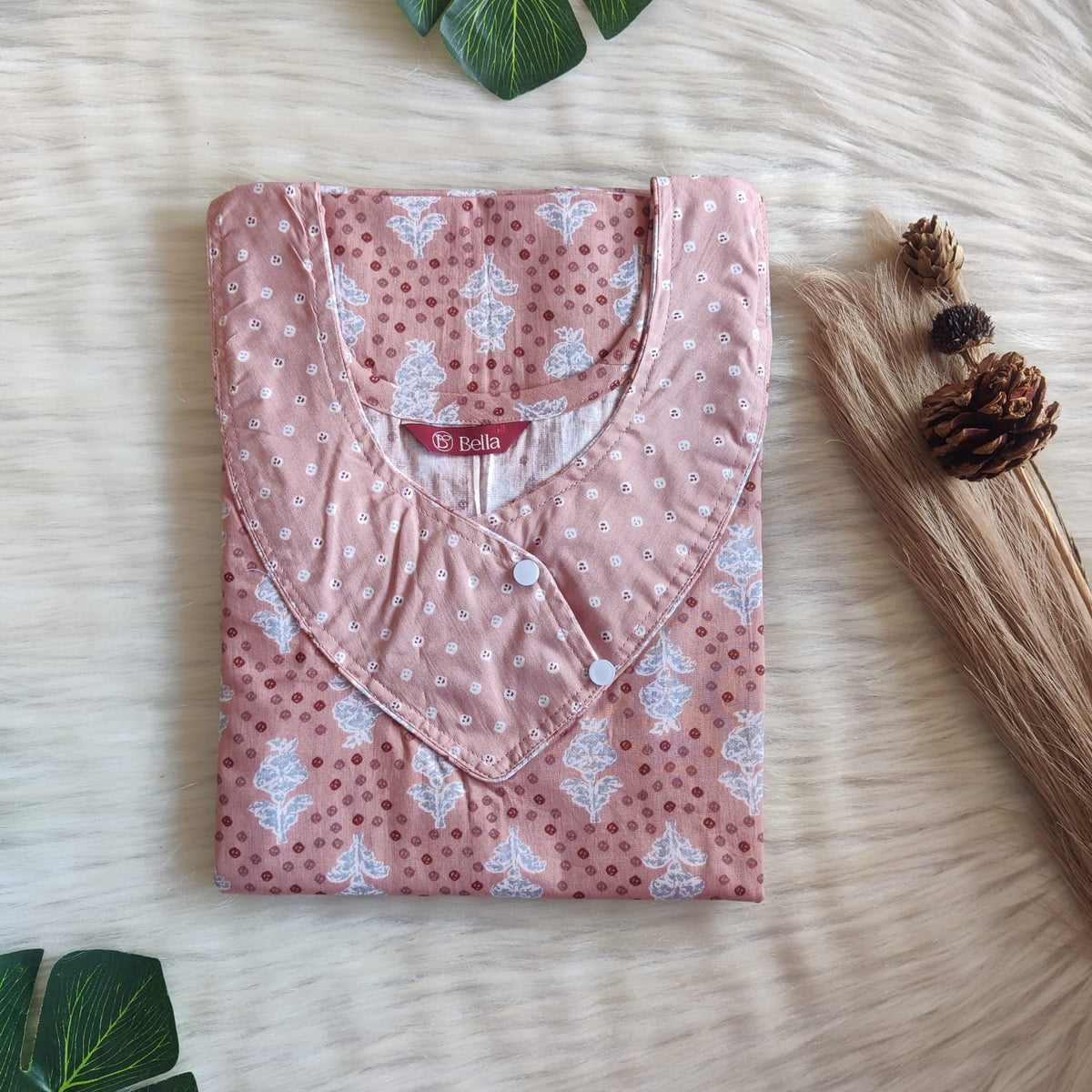 Pastel Brown And Grey Floral Printed Premium Cotton Side Button Nighty | Free Size | Chest Width 44″| Length 55″-56″