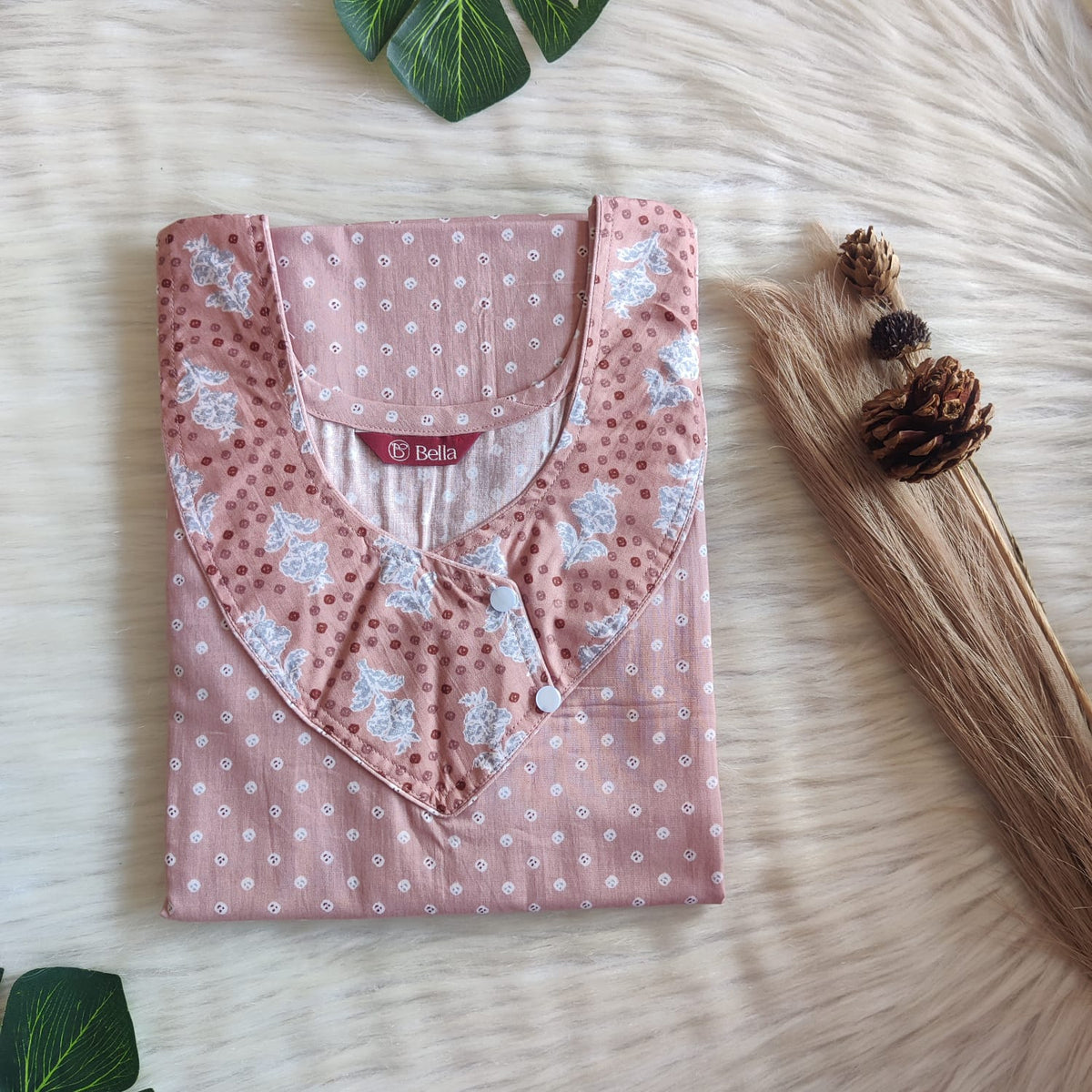 Grey And Pastel Brown Printed Premium Cotton Side Button Nighty | Free Size | Chest Width 44″| Length 55″-56″