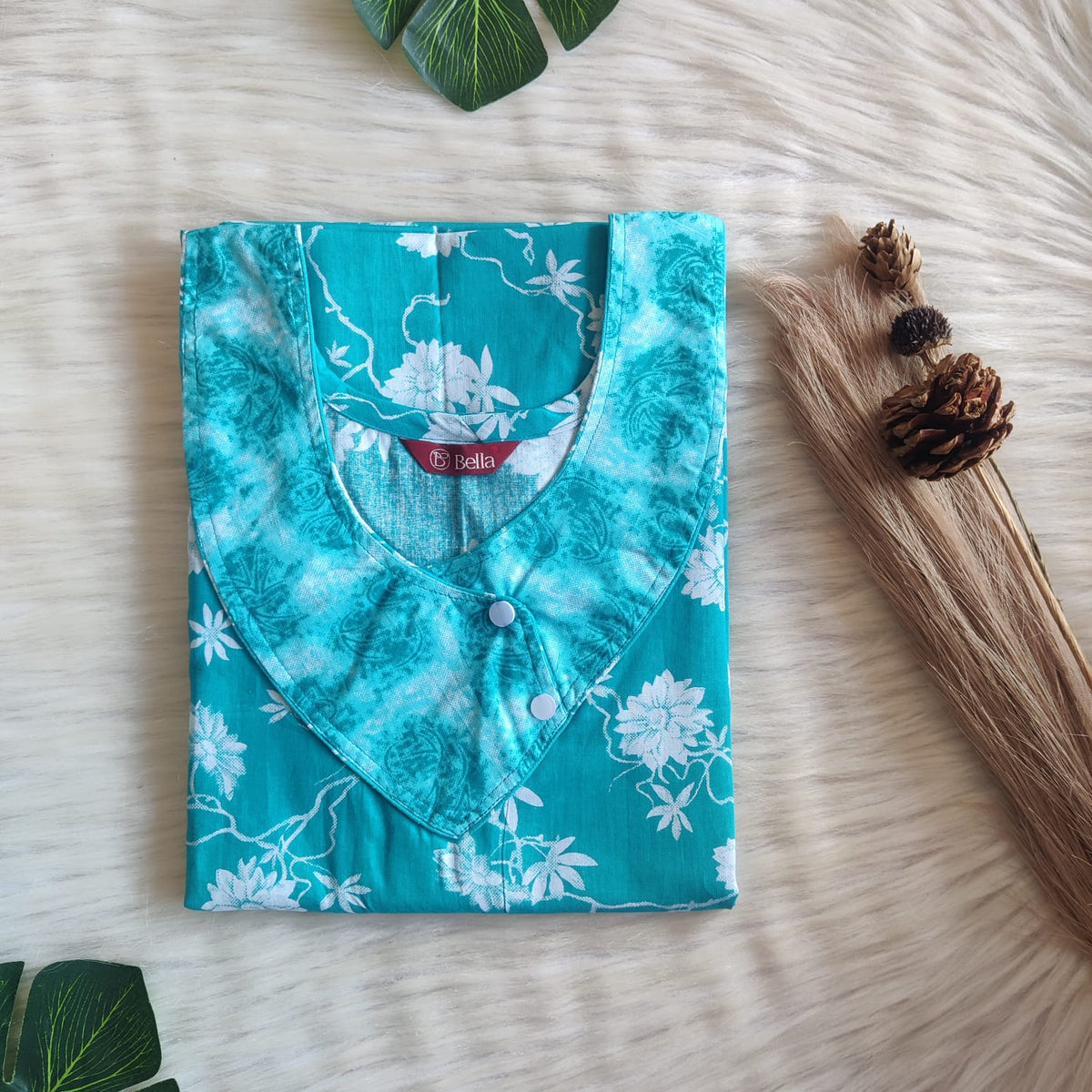 Aqua Green And White Floral Printed Premium Cotton Side Button Nighty | Free Size | Chest Width 44″| Length 55″-56″