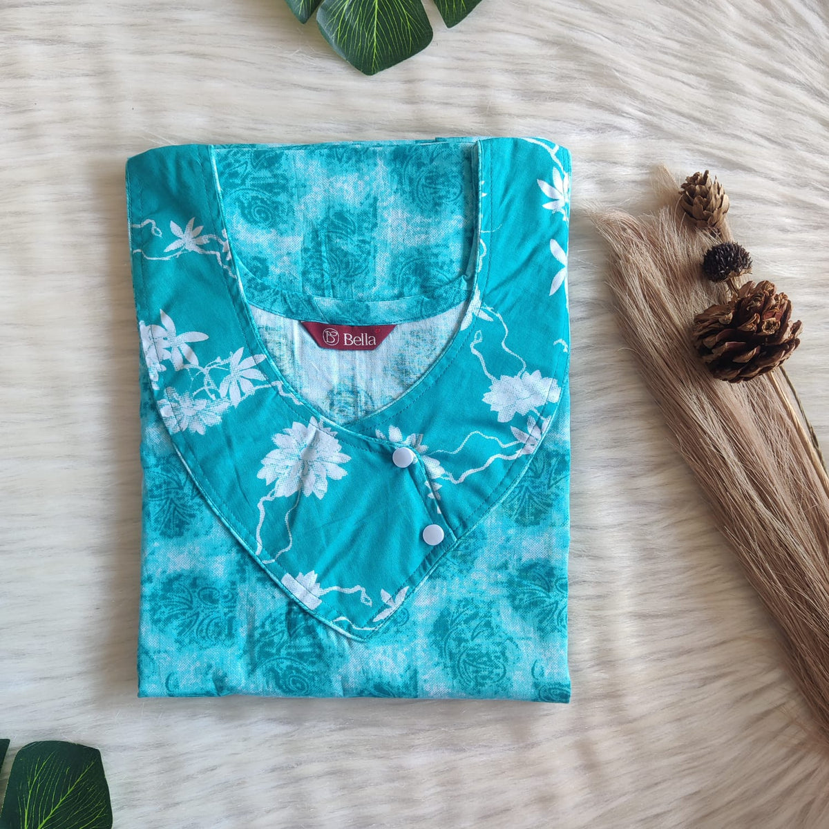 White And Aqua Green Printed Premium Cotton Side Button Nighty | Free Size | Chest Width 44″| Length 55″-56″