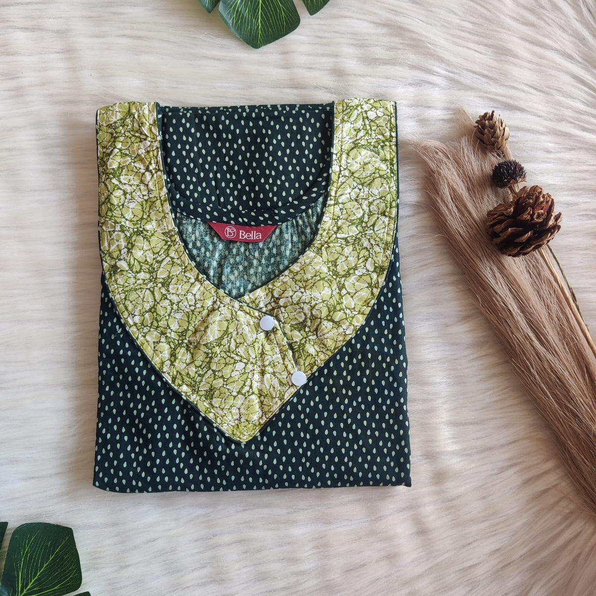 Pale And Dark Green Printed Premium Cotton Side Button Nighty | Free Size | Chest Width 44″| Length 55″-56″