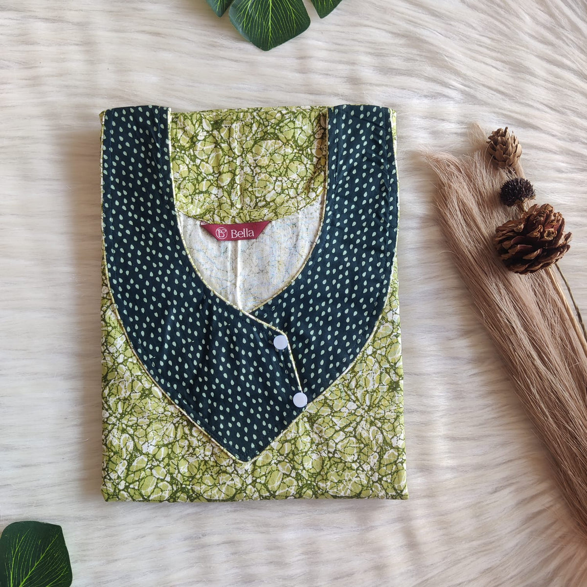 Dark And Pale Green Printed Premium Cotton Side Button Nighty | Free Size | Chest Width 44″| Length 55″-56″