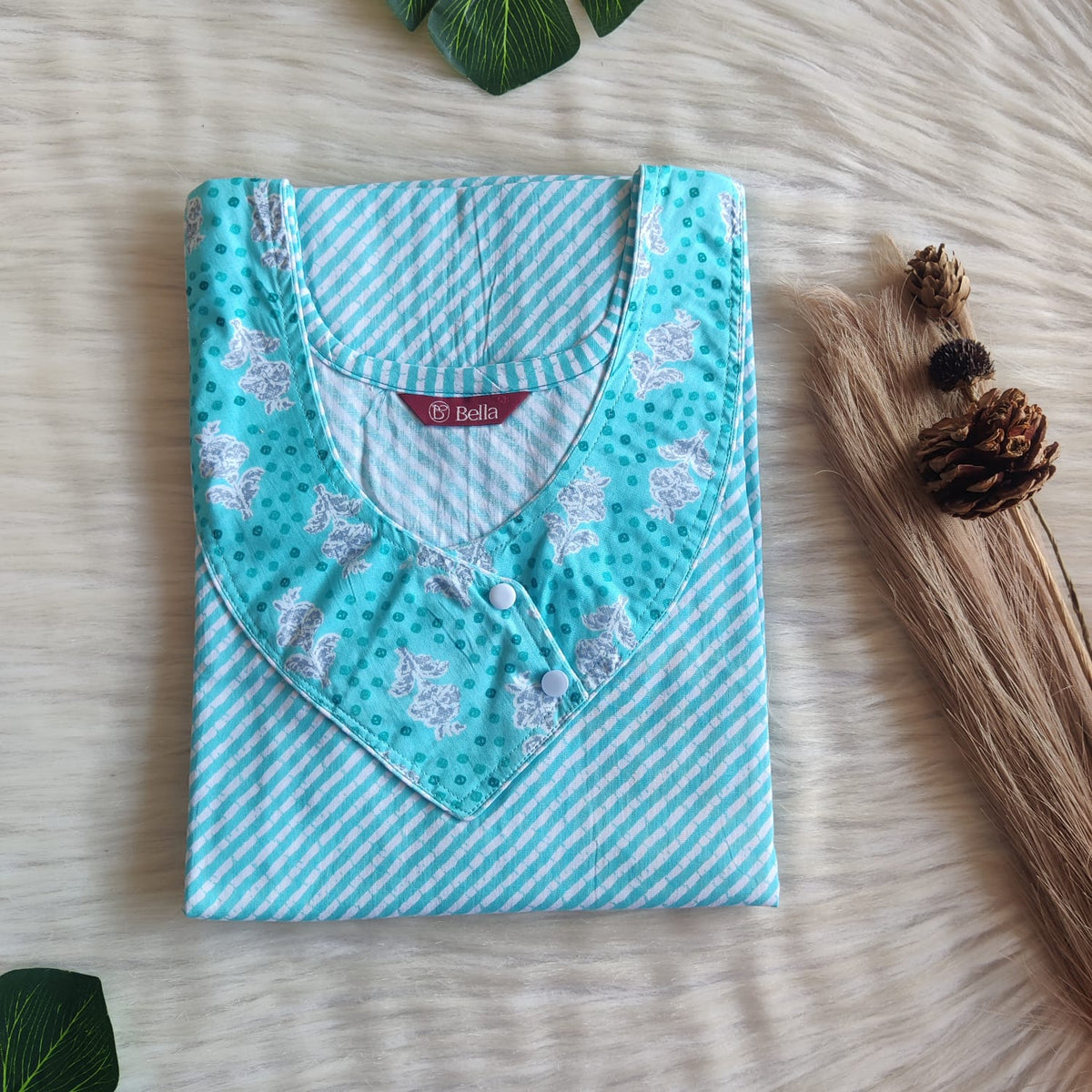 Grey And White Stripes Printed Blue Premium Cotton Side Button Nighty | Free Size | Chest Width 44″| Length 55″-56″