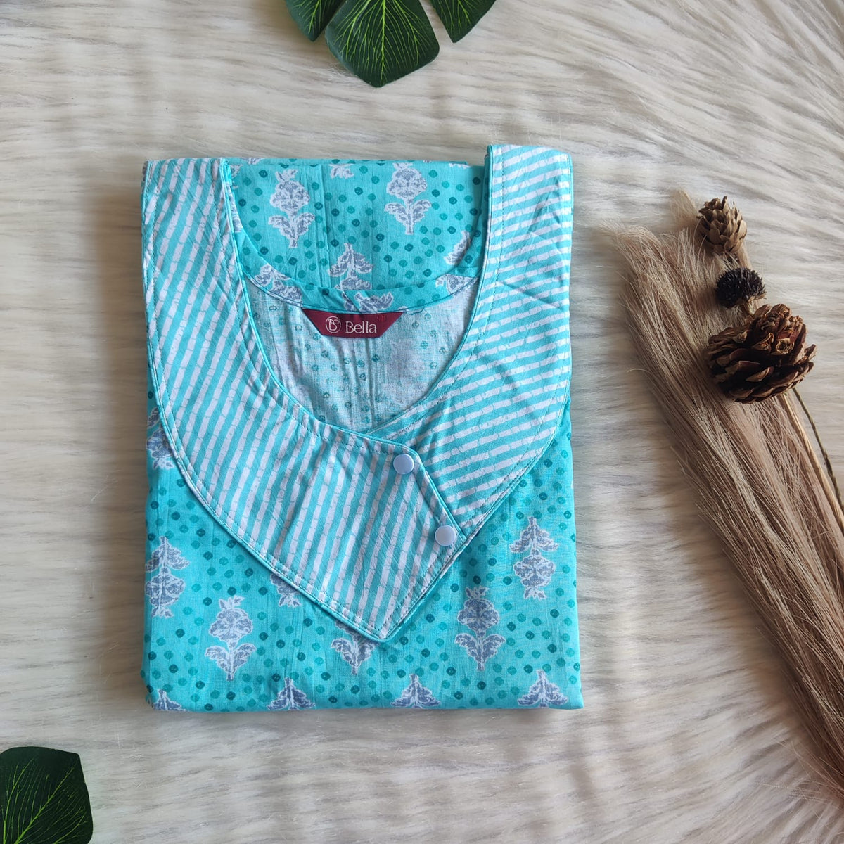 White And Grey Printed Blue Premium Cotton Side Button Nighty | Free Size | Chest Width 44″| Length 55″-56″