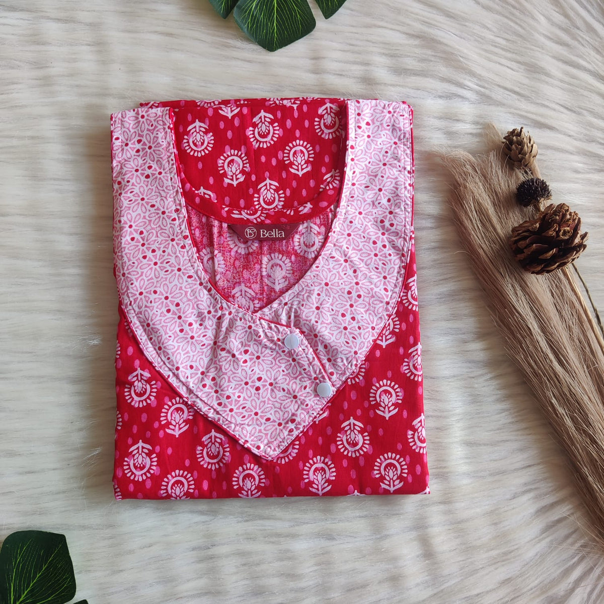 Pink And Red Printed Premium Cotton Side Button Nighty | Free Size | Chest Width 44″| Length 55″-56″