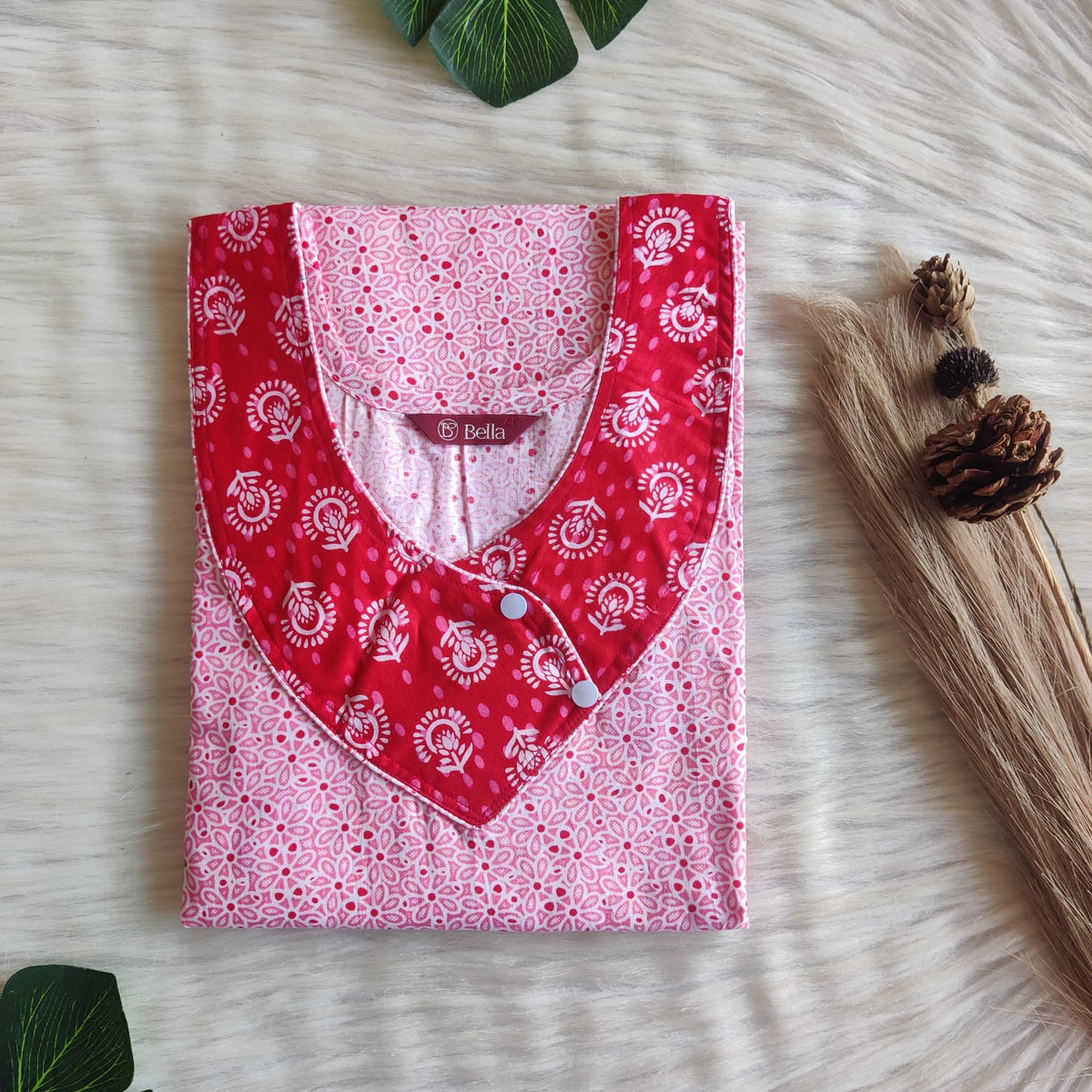 Red And Pink Printed Premium Cotton Side Button Nighty | Free Size | Chest Width 44″| Length 55″-56″