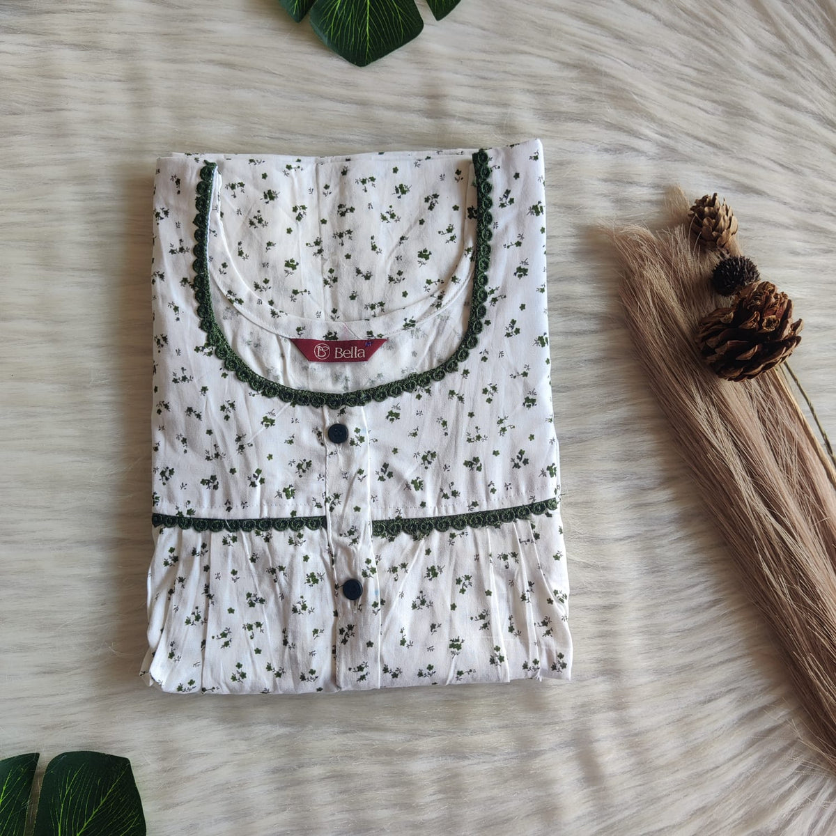 Green Floral Printed White Premium Cotton Lace Button Nighty | Free Size | Chest Width 44"| Length 54"-56"