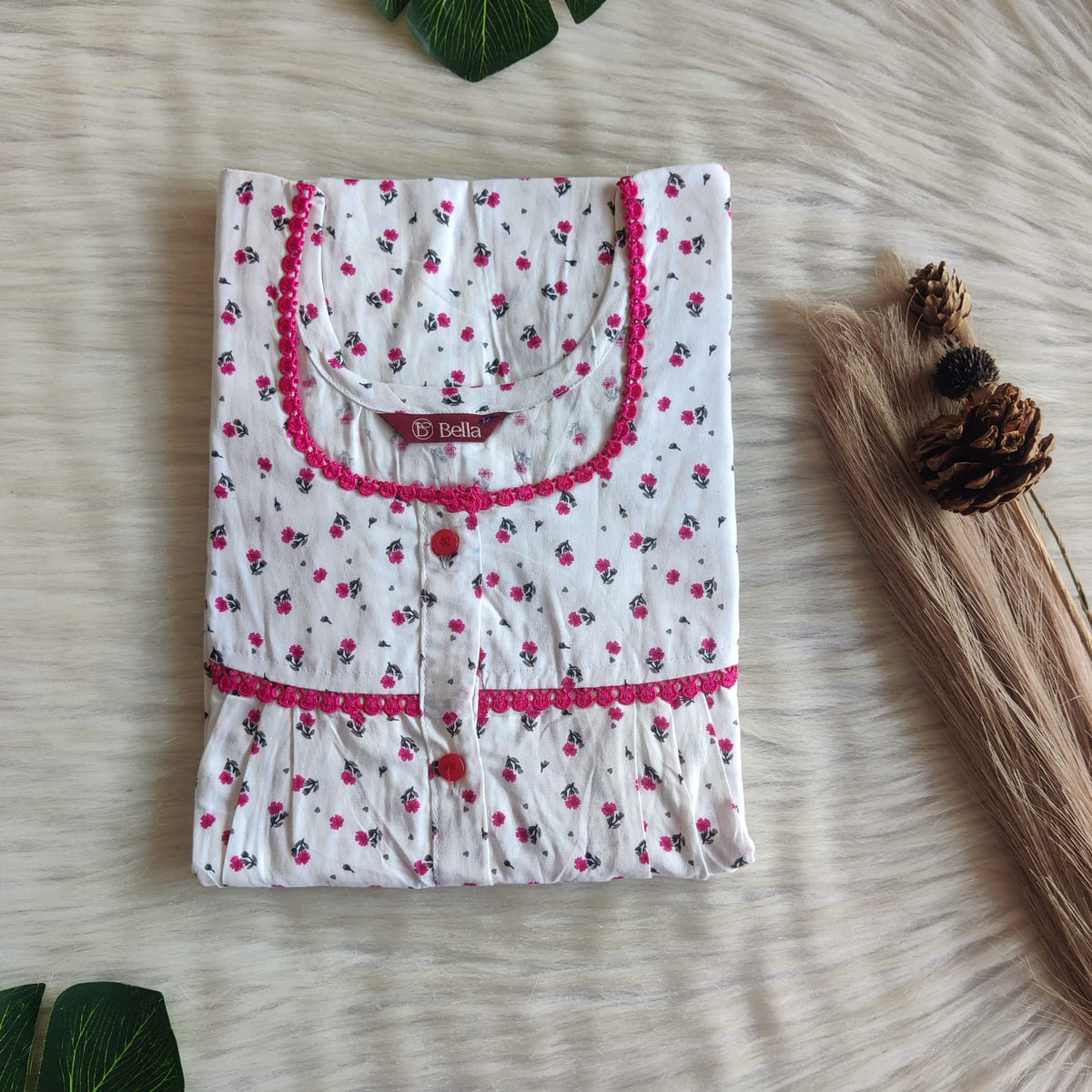 Pink Floral Printed White Premium Cotton Lace Button Nighty | Free Size | Chest Width 44"| Length 54"-56"