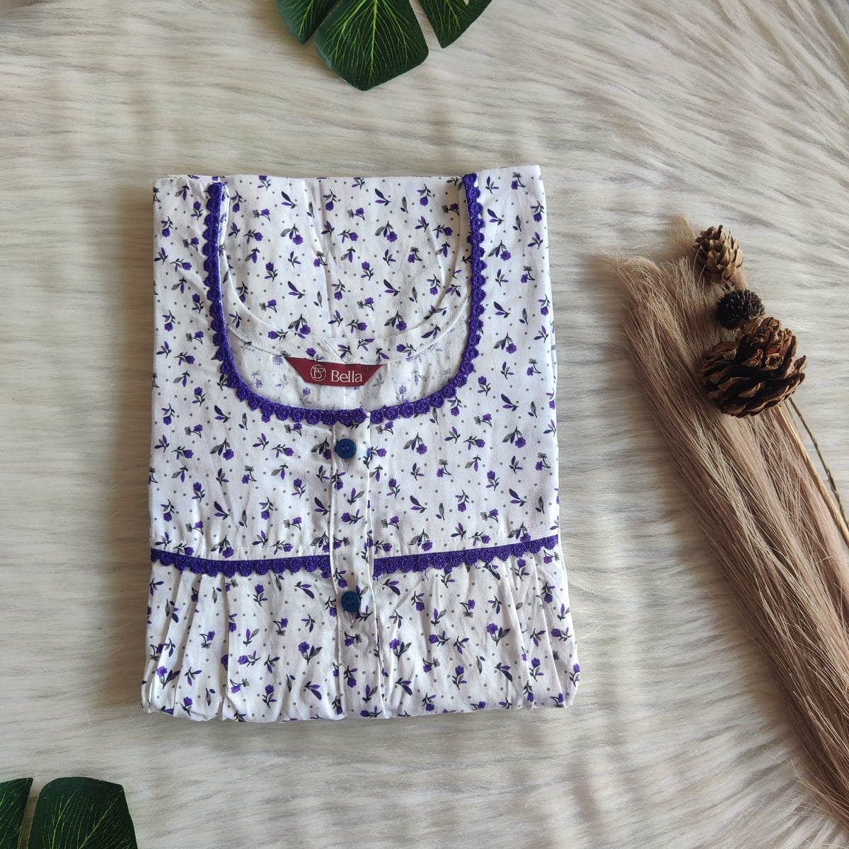 Purple Floral Printed White Premium Cotton Lace Button Nighty | Free Size | Chest Width 44"| Length 54"-56"