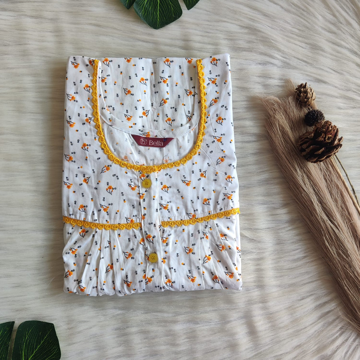 Orange Floral Printed White Premium Cotton Lace Button Nighty | Free Size | Chest Width 44"| Length 54"-56"