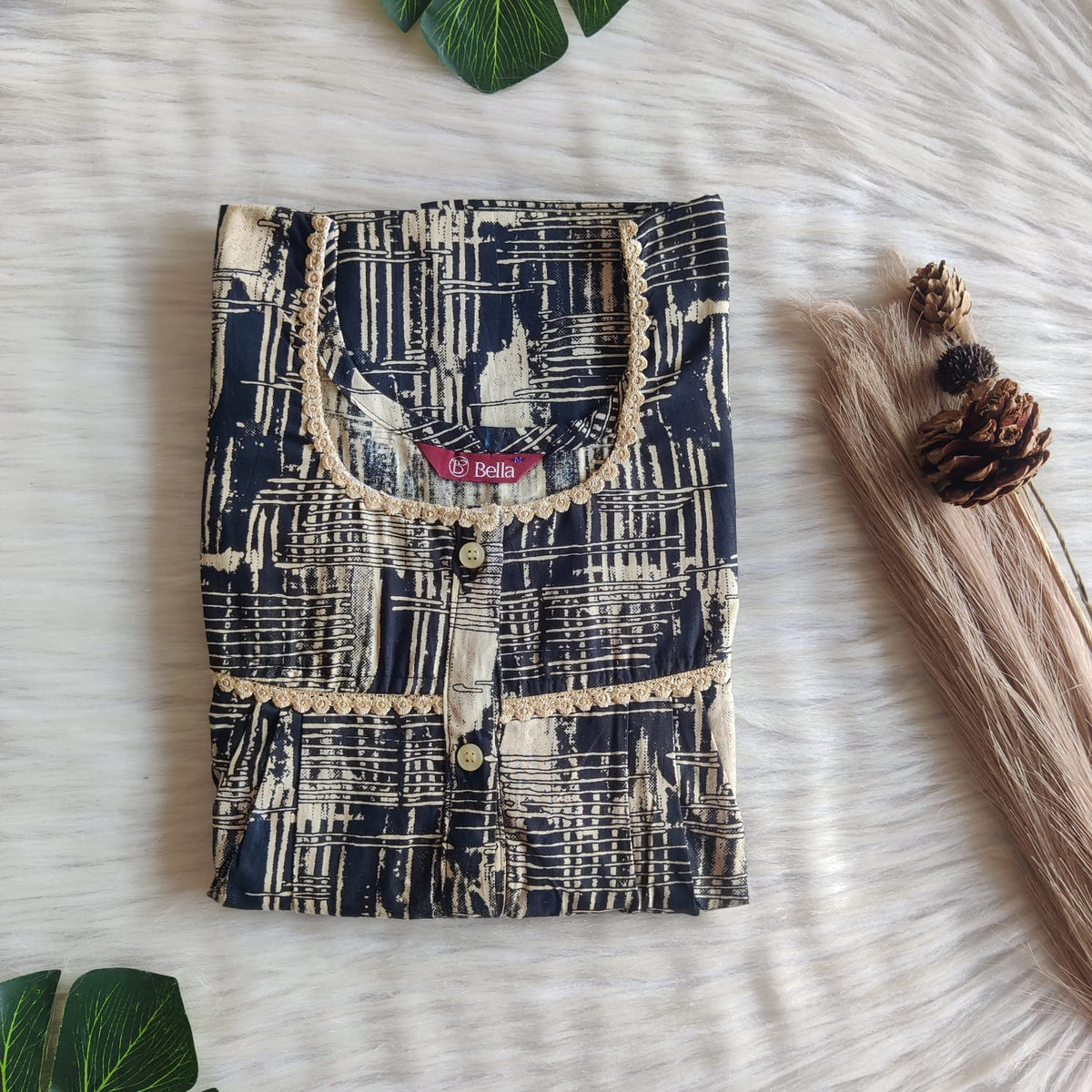 Cream And Black Printed Premium Cotton Lace Button Nighty | Free Size | Chest Width 44"| Length 54"-56"